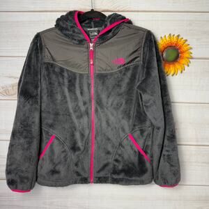 Girls The North Face Oso Fleece Hooded‎ Jacket XL 18 Gray Pink Zip Up